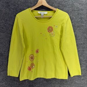 Rafael Top Women M Medium Yellow Floral Rhinestone Silk Long Sleeve Casual